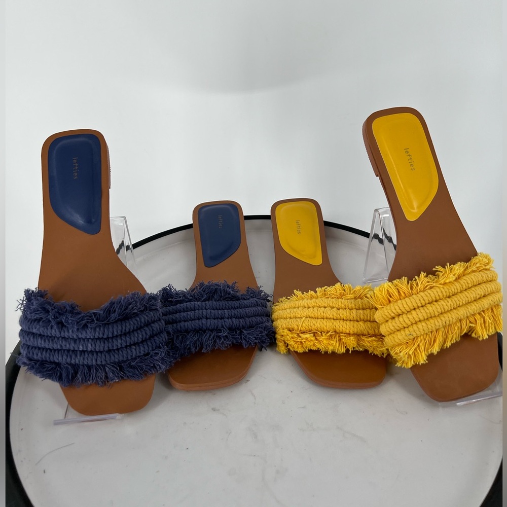 TWO PAIR OF LEFTIES SUMMER FLATS IN‎ LEMON & BEAUTIFUL BLUE, SLIP ON FUN SANDALS
